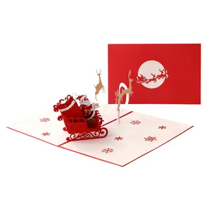 Tarjeta emergente 3D de Navidad, tarjeta de felicitación de coche de ciervo, envío de cartas de invitación a familiares, amigos, colegas