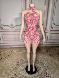 ZD Neues Sexy Bodycon-Kleid mit Natürlicher Taille, Funkelnden Strasssteinen und Netzstoff, Kurzes Abendkleid für Damen, Party, Geburtstag, Bühnenauftritt - Product Image 2