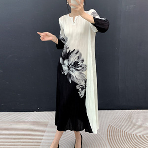Vestido Midi Plisado Miyake Estilo Nacional para Mujer, con Estampado Floral, Manga Larga, Corte Holgado, Ecológico, Transpirable, Ropa Casual de Verano - Product Image 2