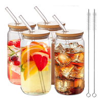 4 Pack 6 Pack 16oz 18oz Set isi 6 dan 4 Gelas Bir Bentuk Kaleng Transparan, Gelas Tumbler Bentuk Kaleng dengan Tutup Bambu dan Sedotan