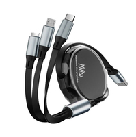 Câble de données USB-C rétractable 3-en-1 100W à charge rapide 5A avec support de téléphone 1,2 m – Câble USB Micro Type-C 3-en-1 promotionnel