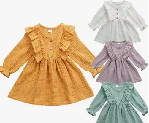 Fabrik Baumwolle Leinen Herbst kleid Kinder Mädchen Western Rüschen ärmel Party kleid