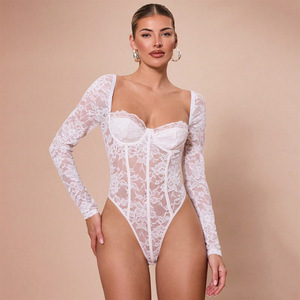 Long Sleeve Transparent 2025 One Piece Jumpsuits Sexy Embroider <strong>Lace</strong> Mesh Slim <strong>Romper</strong> See Through Bodysuits for Women - Product Image 3