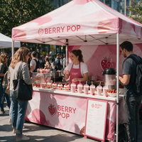 Tente de stand portable rose et noire avec logo personnalisé, ensemble complet de 3x3m, comprenant une bâche imprimée, des drapeaux plume et des poids de sacs de sable