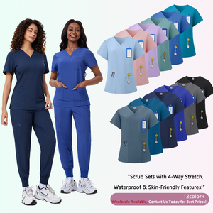 Set di Divise Ospedaliere Unisex con Logo Personalizzato, Tessuto Elasticizzato in 4 Direzioni, Scollo a V, Uniforme per Dentisti, Jogger Ospedalieri da Donna - Product Image 1