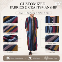 Qamis Homme Rayé Multicolore Longueur Cheville avec Boutons, Col Henley, Poches Plaquées, Respirant