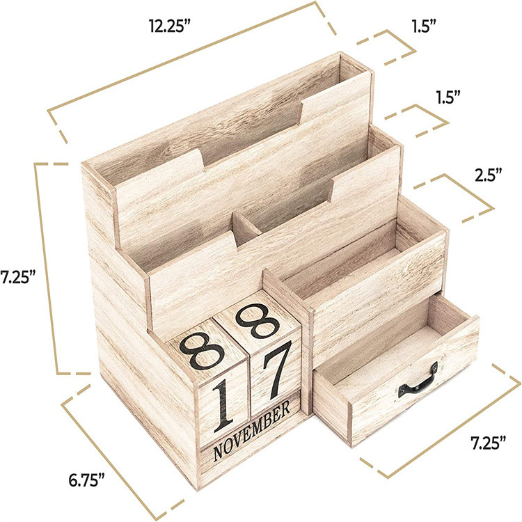 Твердая деревянная подставка для календаря из павловнии с выдвижным ящиком и органайзером