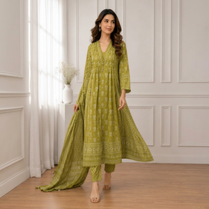 Olive Green Printed Anarkali <b>Kurta</b> Set for <b>Women</b> with Dupatta | Ethnic Indian Festive Wear | Elegant Cotton Suit Set - Product Image 1