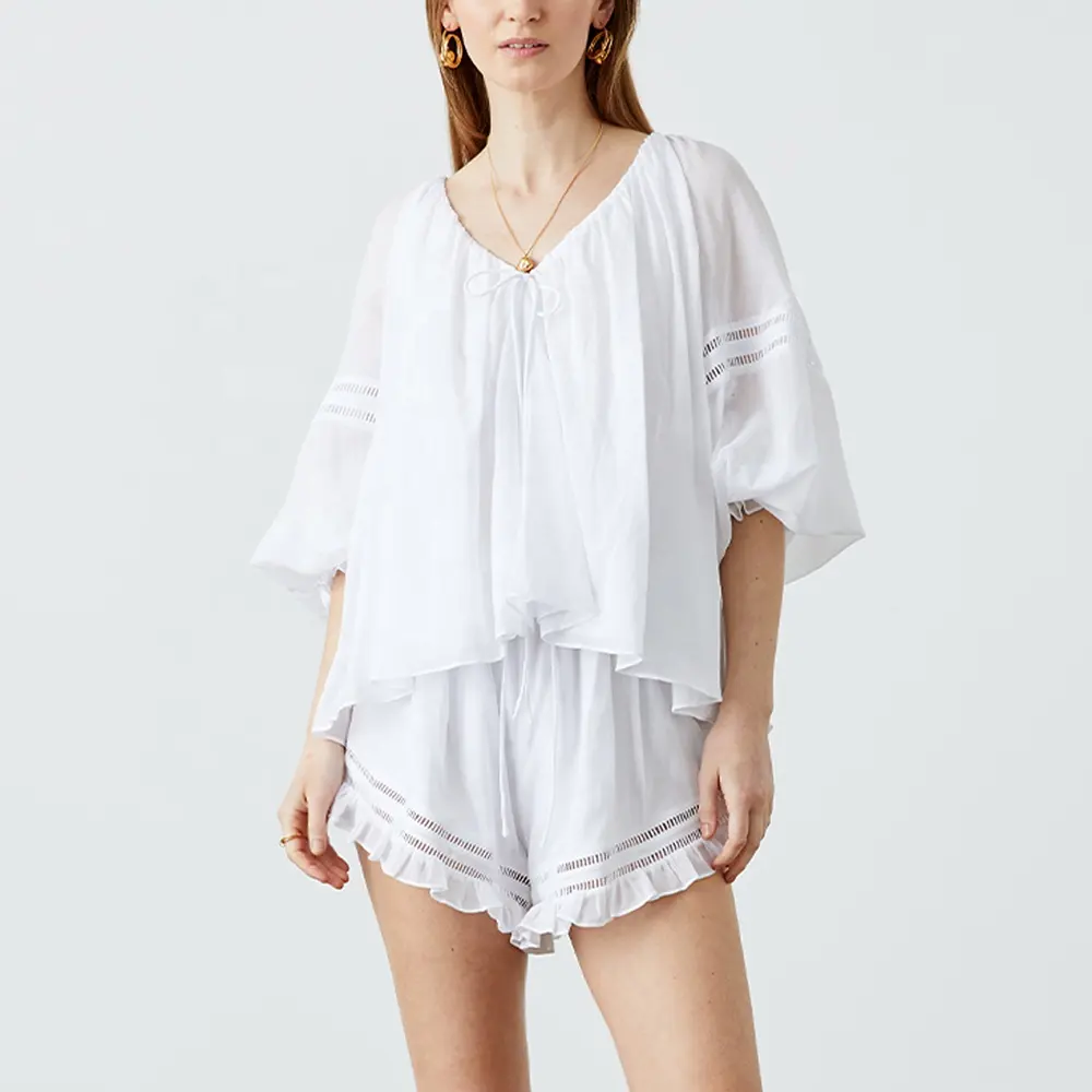 Vêtements d'été simples pour femmes, tissu en coton, col en v, grande taille, blouse en dentelle, manches mi-longues, blanc