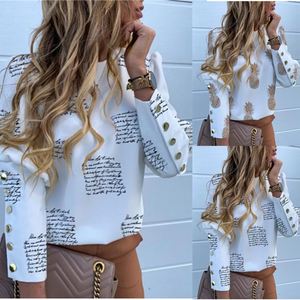 Nueva moda <span class=keywords><strong>2022</strong></span> otoño <span class=keywords><strong>mujer</strong></span> cuello redondo color sólido manga larga botón de metal decoración blusa estampada pulóver tops camisa - Product Image 2