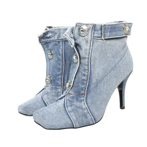 Trendy Boots Women Shoes Height Increasing 2023 Thin Heel Rhinestone Buttons Jeans Cut Denim Boots Ankle and Booty