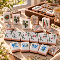 Ensemble de mahjong de luxe, tuiles en acrylique à 4 couches, design floral perlé iridescent, tuiles à fleurs vertes, cadeau en gros