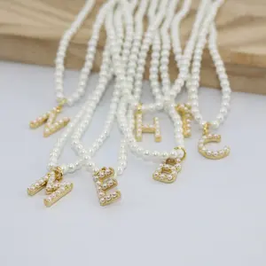 NP1048 kalung manik-manik mutiara imitasi 3mm kecil kalung ornamen Awal huruf pave manik-manik mutiara berlapis emas untuk wanita