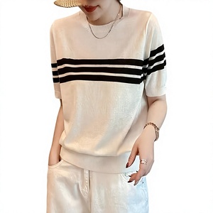 Women's <b>Cream</b> Solid Color Short Sleeve <b>Crop</b> <b>Top</b> Crew Neck Knitted T-Shirt Slim Fit Breathable Spring Summer Minimalist Style - Product Image 1