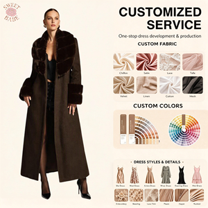 Manteau long en mélange de laine pour femme, trench-coat maxi avec col et poignets en fausse fourrure, vêtement d'extérieur long, épais et chaud pour l'hiver, élégant - Product Image 1