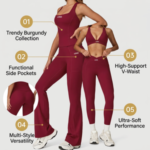 Ensembles de yoga pour femmes imprimés bordeaux haut de gamme, pantalons évasés taille haute, leggings sculptants, soutiens-gorge de sport à bretelles croisées, extensibles dans quatre directions - Product Image 6