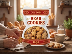 Sacs à fermeture éclair verticaux personnalisés, résistants à l'humidité, en <span class=keywords><strong>film</strong></span> polyester imprimé, sacs d'emballage alimentaire pour biscuits en forme d'ours - Product Image 4