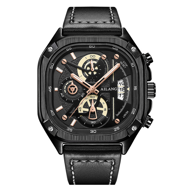 Black Quartz Chronograph Watch 43mm Round Alloy Case Crystal Dial Leather Strap Luminous Hands Auto Date 3BAR Daily Wear