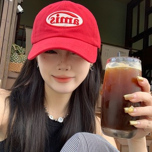 Amis Red Baseball Cap For Women Cotton Yarn Embroidery Soft Top Casual Summer <b>Hat</b> Large Head Circumference - Product Image 3