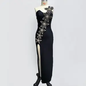 Модное Дизайнерское черное вечернее платье без бретелек с 3D цветами с Высоким Разрезом Вечернее Длинное сексуальное Бандажное платье для женщин