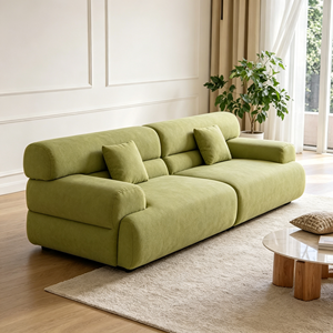 Canapé d'angle moderne et minimaliste en tissu bouclé vert avec accoudoirs rembourrés, pieds en bois et dossier coussiné pour salon - Product Image 3