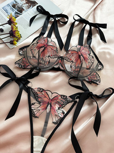 Wholesale Butterfly Embroidery Lace Lingerie Set Sheer Mesh Underwire <b>Bra</b> and Tie <b>Straps</b> Thong Panties Set Sexy Womens Intimates - Product Image 3