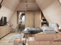 Maison en bois préfabriquée en forme de A, villa de luxe, petite maison avec terrasse confortable et chambre à coucher