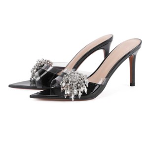 Sandalias de Tacón Alto con Punta en Pico para Mujer, Adorno de Pedrería, Tacón Delgado, Parte Superior de PU, Entresuela de Goma, Calzado Elegante y Sexy para Vestir - Product Image 5