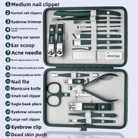 Longhui – Kit de manucure 18-en-1 vert en acier au carbone, comprenant coupe-ongles, outils de soin des pieds, cure-oreilles et rasoir à sourcils