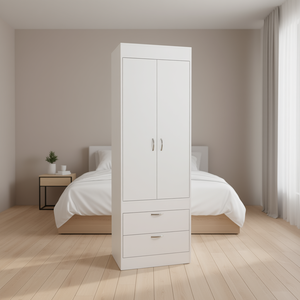 Armoire blanche Lisboa à deux portes, deux tiroirs, poignées métalliques, armoire moderne pour chambre à coucher - Product Image 2