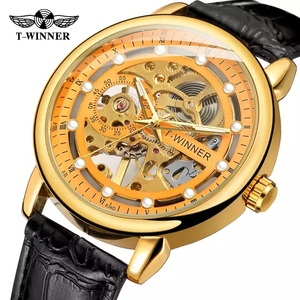 Winner Men Gold <strong>Mechanical</strong> Watch <strong>Skeleton</strong> Waterproof Watches Fashion Steel Case Man Wristwatch Transparent Case Men's <strong>Clock</strong> - Product Image 1