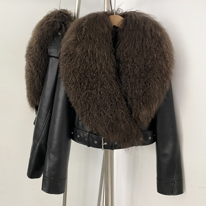 OFTBUY Manteau de luxe en fourrure naturelle de mouton de Mongolie pour <span class=keywords><strong>femme</strong></span>, veste courte en similicuir PU pour printemps-automne, style motard épais - Product Image 5