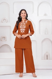 Brown Embroidered Kurti Plazzo Set <b>Three</b> Quarter Sleeve V Neck Casual Wear Solid Color Loose Fit All Seasons Cotton Outfit - Product Image 1