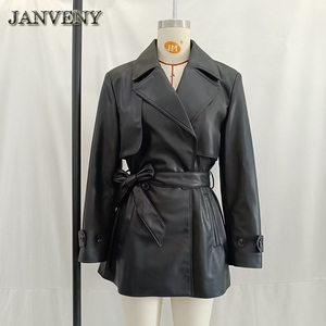 JANVENY 2024 nouveau printemps automne en <span class=keywords><strong>cuir</strong></span> PU <span class=keywords><strong>Trench</strong></span> ceinturé veste femmes revers col ceintures Faux <span class=keywords><strong>cuir</strong></span> <span class=keywords><strong>court</strong></span> coupe-vent manteau - Product Image 6