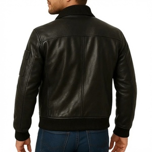 <b>Men's</b> Genuine Leather Bomber Jacket Stand Collar Zipper Closure Moto Biker Style Solid <b>Black</b> Autumn Wear - Product Image 3