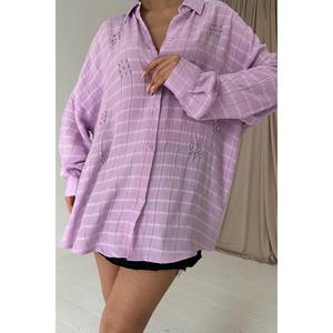 Chemises classiques à carreaux lilas en gros, popeline florale en coton, coupe ample, mode pour femmes, décontractées et élégantes pour toutes les saisons - Tailles libres XL - Product Image 2