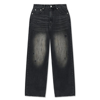 Jeans en denim noir délavé et vieilli pour homme, coupe large et décontractée, dégradé, déchiré, style urbain, fabriqué sur mesure