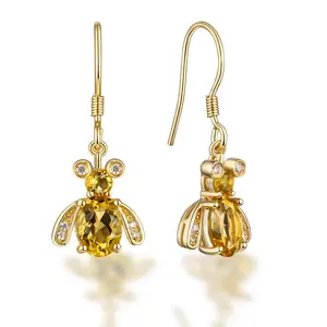 Wholesale Fashion Earrings 14k Gold Plated Bee Shaped Citrine Dangle 925 Sterling Silver Natural Gemstone Drop Earrings