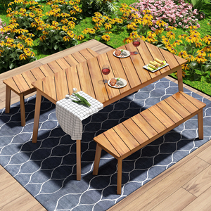 3-Piece Modern Oak Wood Dining Set with 2 <b>Benches</b> Portable Outdoor & <b>Indoor</b> Furniture for 6 - Product Image 1