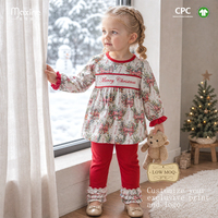 Pakaian Anak Perempuan Model Smocked, Set Tunik dan Legging Natal, Motif Koran Retro, Pakaian Liburan Meriah