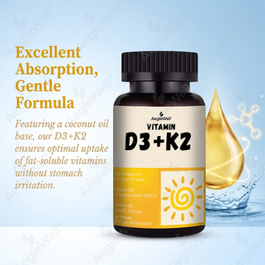 OEM/ODM Aegelwell Vitamine <span class=keywords><strong>D3</strong></span> + <span class=keywords><strong>K2</strong></span> <span class=keywords><strong>5000</strong></span> UI Gélules Molles <span class=keywords><strong>D3</strong></span> <span class=keywords><strong>K2</strong></span> Supplément MK-7 <span class=keywords><strong>K2</strong></span> à base d'huile de coco pour le soutien des os et du cœur - Product Image 2