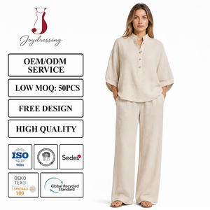Ensemble deux pièces décontracté Joydressing pour <span class=keywords><strong>femme</strong></span> : haut à col montant ivoire et <span class=keywords><strong>pantalon</strong></span> large – Tenue de villégiature - Product Image 1