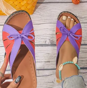 Bow-tied flat wedge hollowed-out beach slip-on slip-on sandals for women flat slides slippers flat wedges sandals wedges