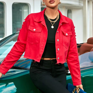 الشركة المصنعة مخصص السيدات اقتصاص زر أعلى سترة الدنيم عالية نمط الشارع ممزق الخام تنحنح طويلة الأكمام المغسول معطف الجينز - Product Image 1