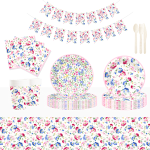 DAMAI New Customized Flower Theme <b>Disposable</b> Paper Plate Tissue Paper <b>Tablecloth</b> with Floral Tableware Set - Product Image 1