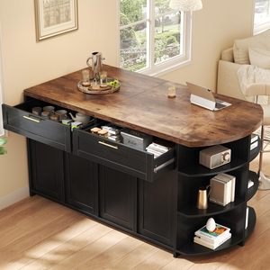 Isla de Cocina Negra Moderna SENYU con Cubierta de Madera Oscura, Estante Curvo, Gabinete de Almacenamiento, Diseño Multifuncional - Product Image 6