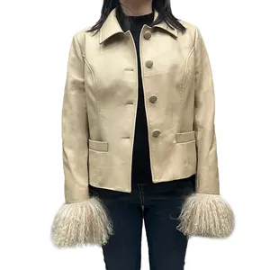 Jancoco 사용자 정의 솔리드 크롭 가죽 코트 겨울 럭셔리 여성 몽골 모피 커프스와 정품 양가죽 자켓