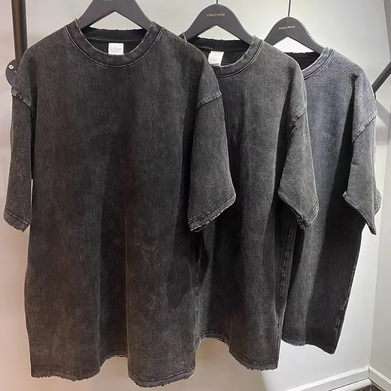 Estate Streetwear stampa ricamata personalizzata all'ingrosso magliette vuote nere lavaggio acido magliette lavate in difficoltà Logo