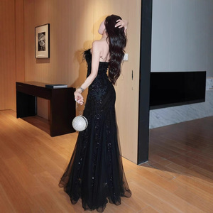 Strapless Evening Gown Black Ostrich Feather Sequined Mermaid Tulle Skirt Natural Waistline For Banquets Weddings Art Exams - Product Image 2