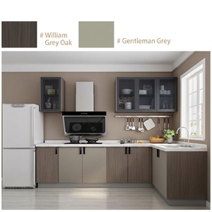 Armoires de <span class=keywords><strong>cuisine</strong></span> William Grey Oak & Gentleman Grey, design moderne bicolore avec portes en verre, contreplaqué CARB P2 avec finition placage chêne - Product Image 1